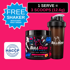 BullRush Energy Sherbet Riot tub with free shaker. 1 serve = 3 scoops (12.6g).