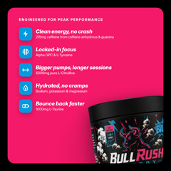 BullRush engineered for peak performance: clean energy from caffeine and guarana, focus from Alpha GPC and L-Tyrosine, pumps from 5000mg L-Citrulline, hydration from electrolytes, recovery from L-Taurine