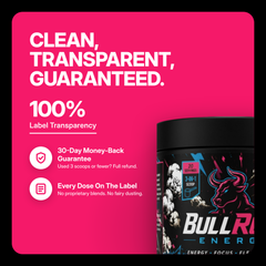 BullRush Energy: clean, transparent, guaranteed. 100% label transparency and 30-day money-back guarantee