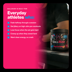 BullRush is built for everyday athletes who fade mid-session, get jittery on high-stim pre-workouts, lose focus, cramp up or want clean energy without the crash